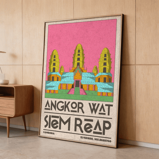 Angkor Wat Art retro illustration in yellow, blue and pink print leaning against a wood-paneled wall above a wooden cabinet