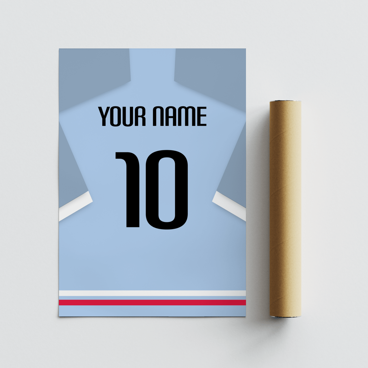 Flat football shirt poster in light blue with black number beside a brown packaging tube