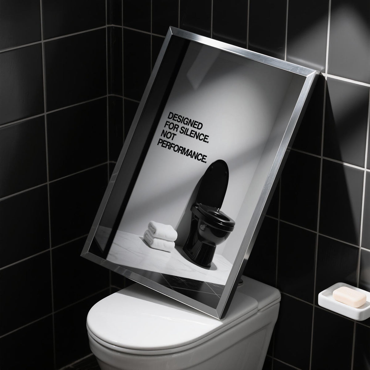 Framed close-up of funny toilet wall art with black toilet in a monochrome style leaning on a toilet cistern