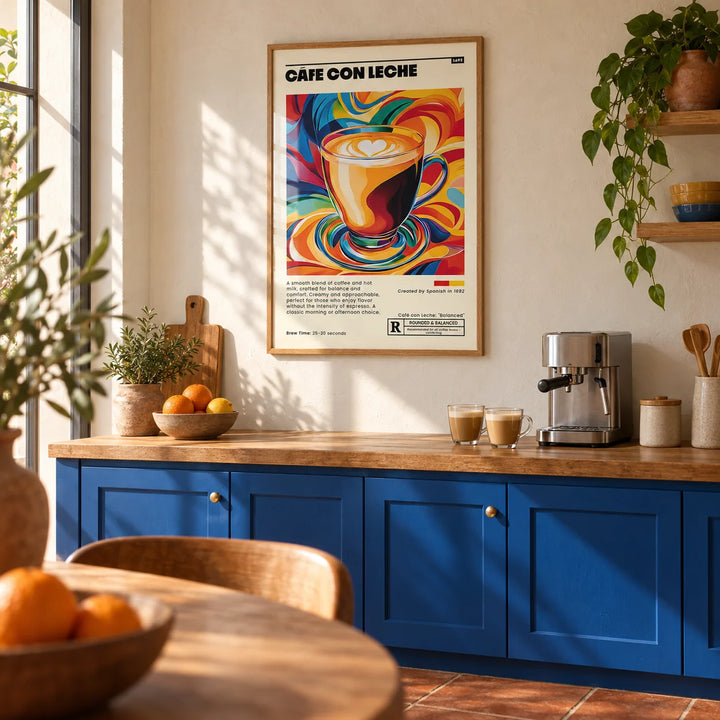Cafe Con Leche Art, framed on the wall of a warm Spanish-modern kitchen