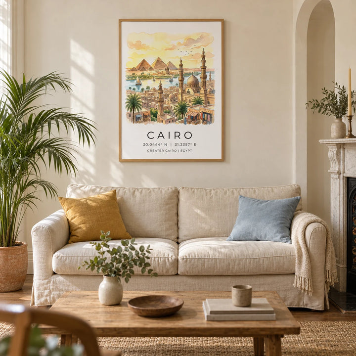 Cairo Landscape Wall Art, framed on the wall of a warm living room in a UK Victorian terrace with ivory limewashed walls