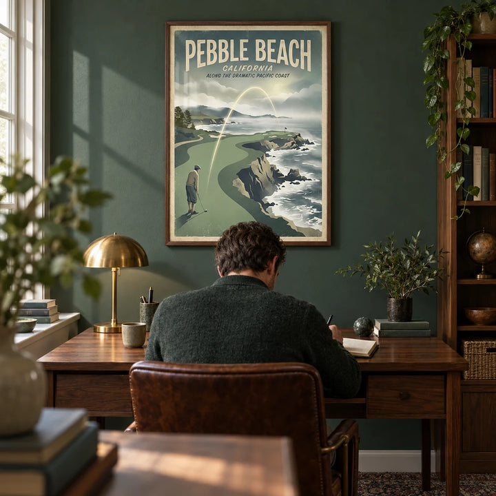 California Coastal Golf Print, framed on the wall of a characterful home study with a deep green painted wall