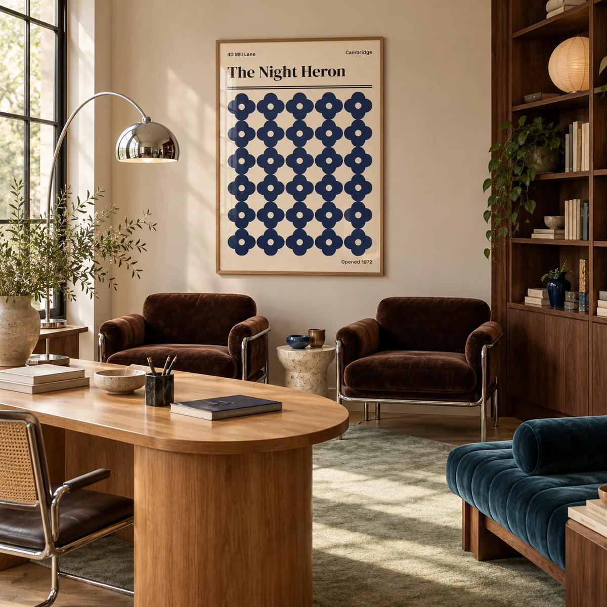 Cambridge Print, framed on the wall of a calm design studio office with a pale wall