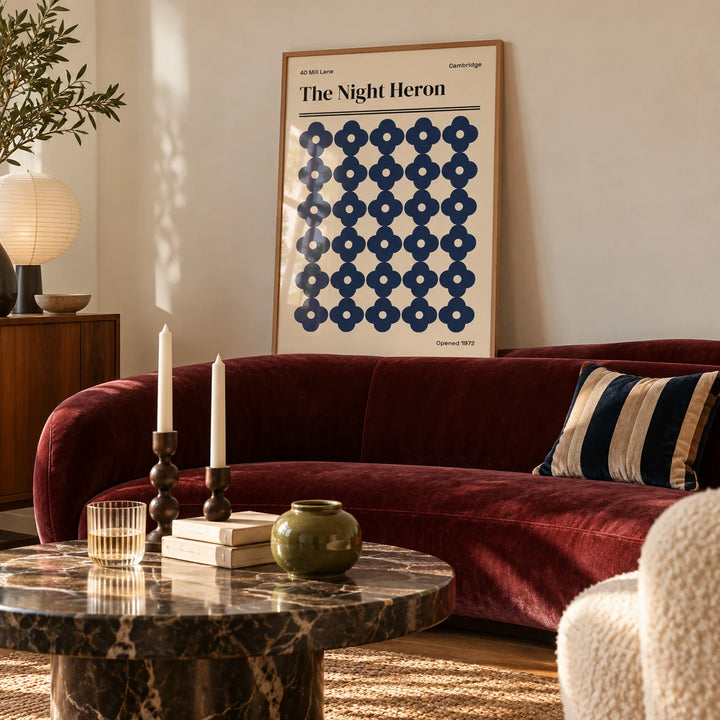 Cambridge Print, framed on the wall of a calm living room with a warm white wall