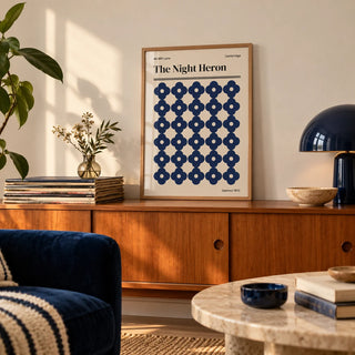 Cambridge Print, a small A4 framed print leaning on a teak sideboard in a living room