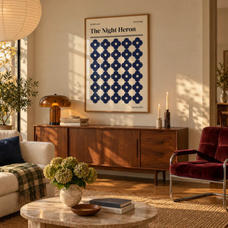 Cambridge Print, framed on the wall of a warm mid-century living room in late afternoon light