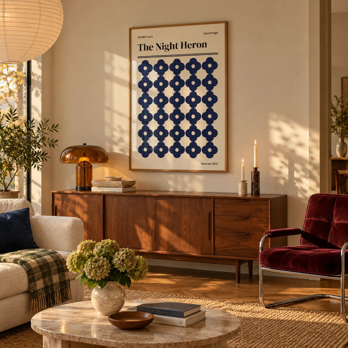 Cambridge Print, framed on the wall of a warm mid-century living room in late afternoon light