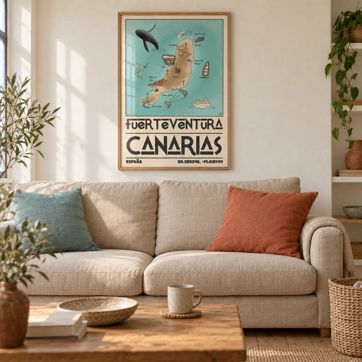 Canary Islands Wall Art, framed on the wall of a warm coastal living room in a UK terraced home with cream plaster walls and stripped pine floorboards