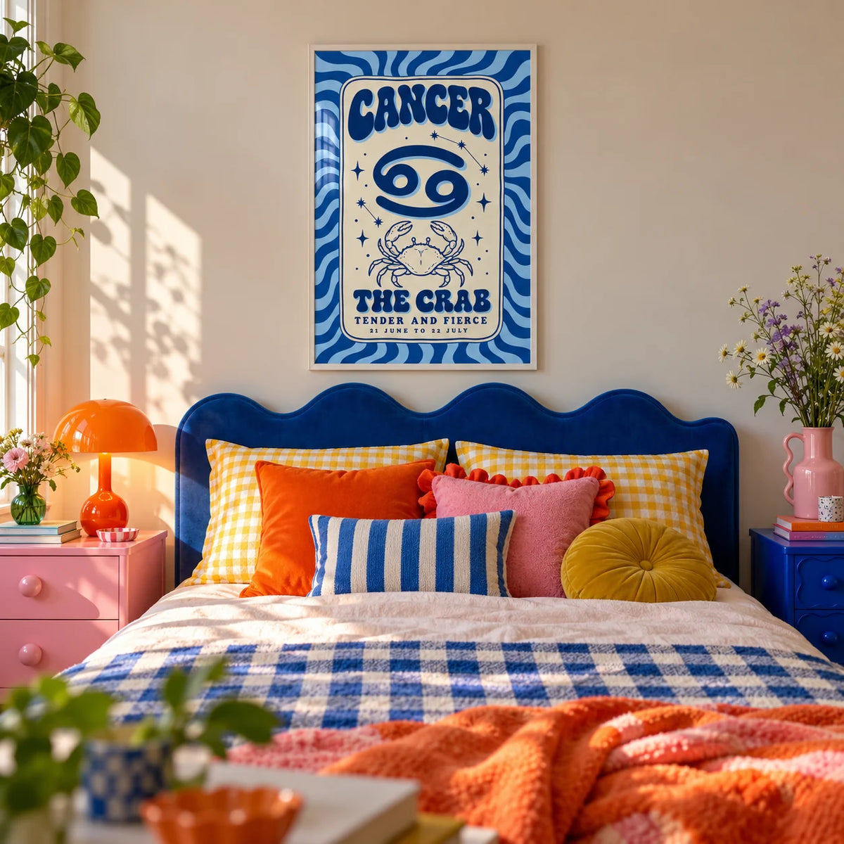 Cancer Zodiac Poster, framed on the wall of a colourful dopamine bedroom