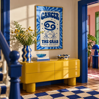 Cancer Zodiac Poster, framed on the wall of a fun hallway