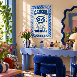Cancer Zodiac Poster, framed on the wall of a playful dressing area in a bathroom