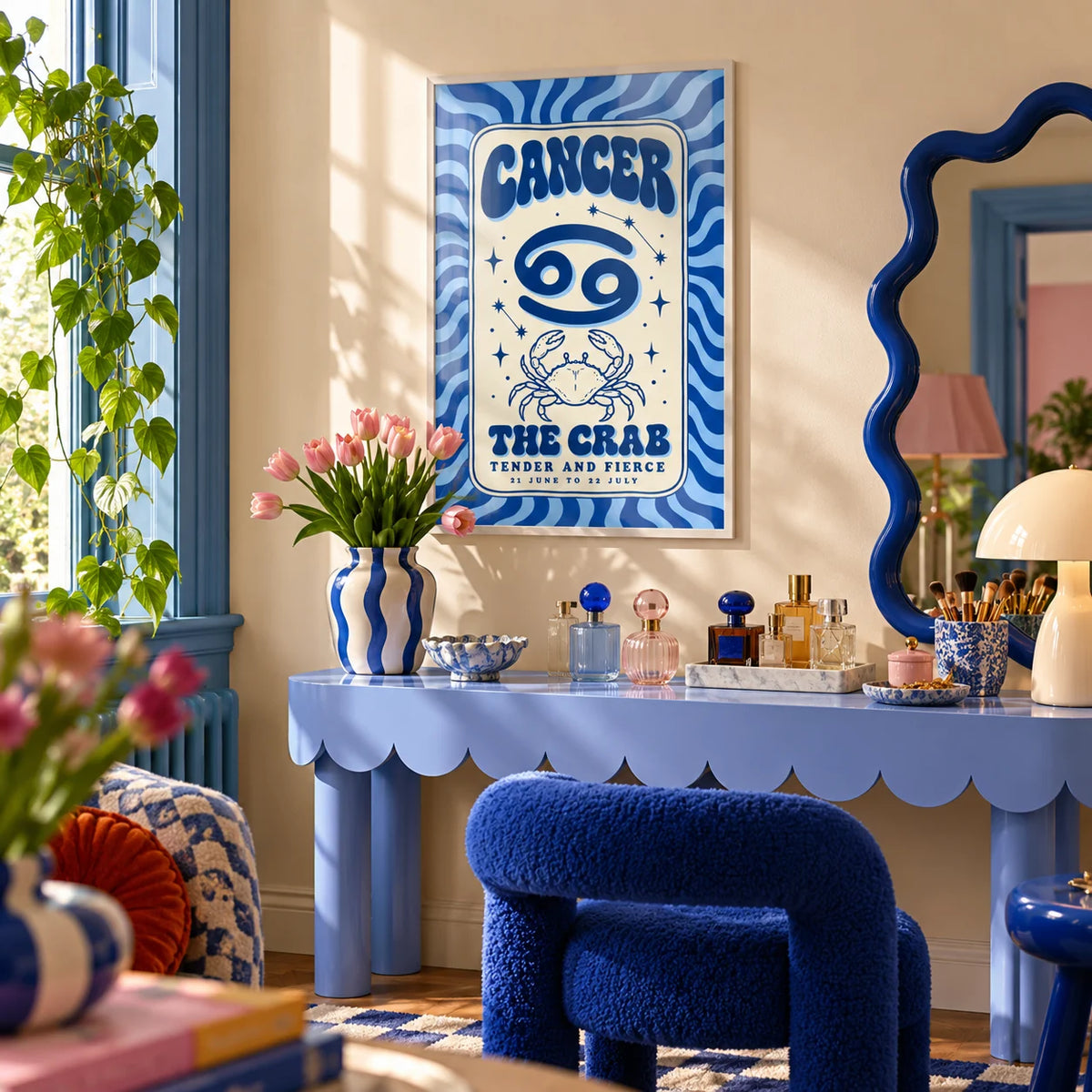 Cancer Zodiac Poster, framed on the wall of a playful dressing area in a bathroom