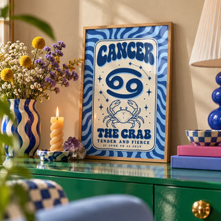 Cancer Zodiac Poster, a small A4 framed print leaning on a colourful lacquered shelf in a living room