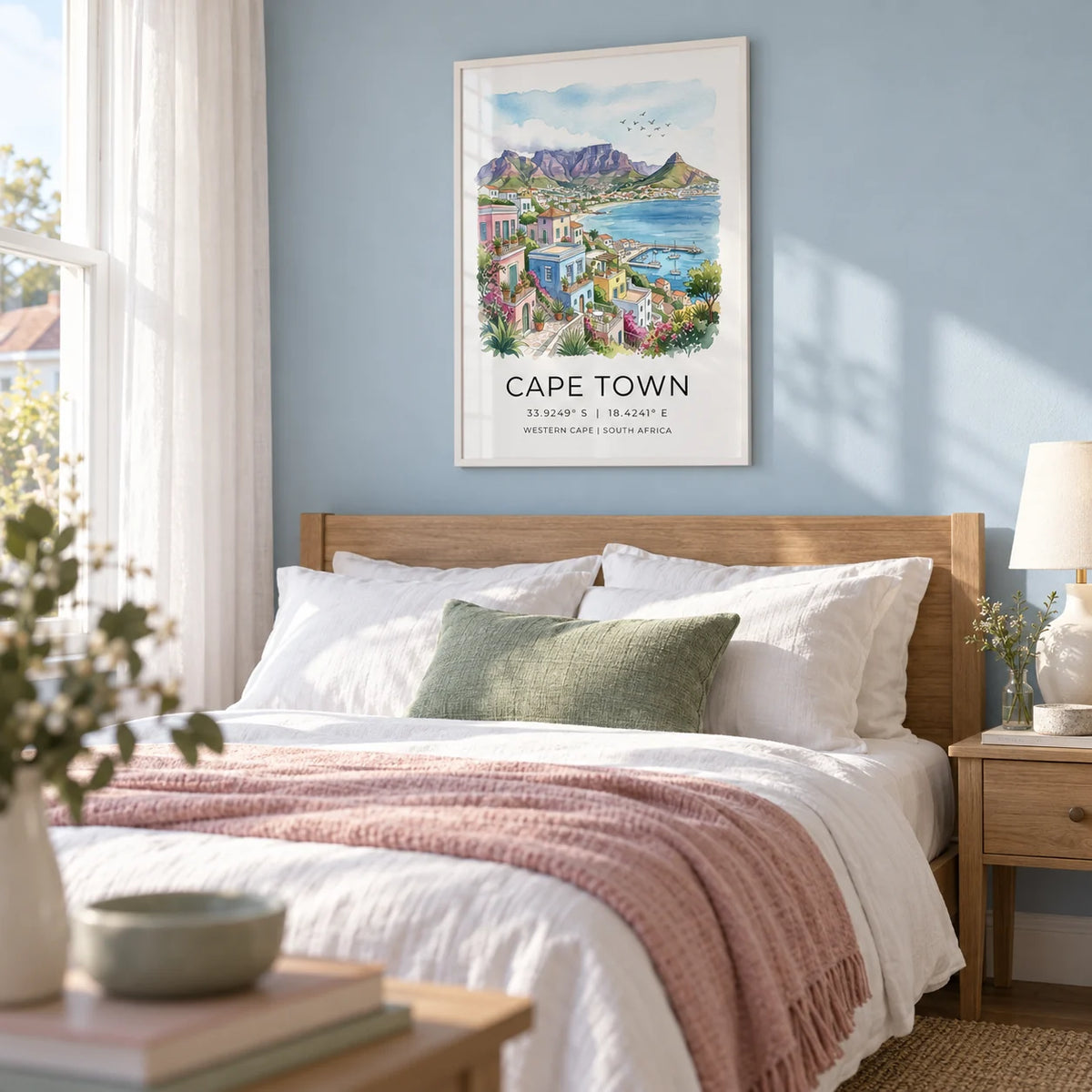 Cape Town Art Print, framed on the wall of a calm coastal bedroom in a UK semi-detached home with a pale blue wall and white cotton curtains