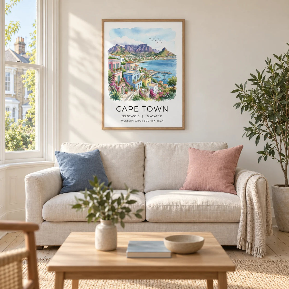 Cape Town Art Print, framed on the wall of a light coastal living room in a UK Victorian terrace with a warm white wall