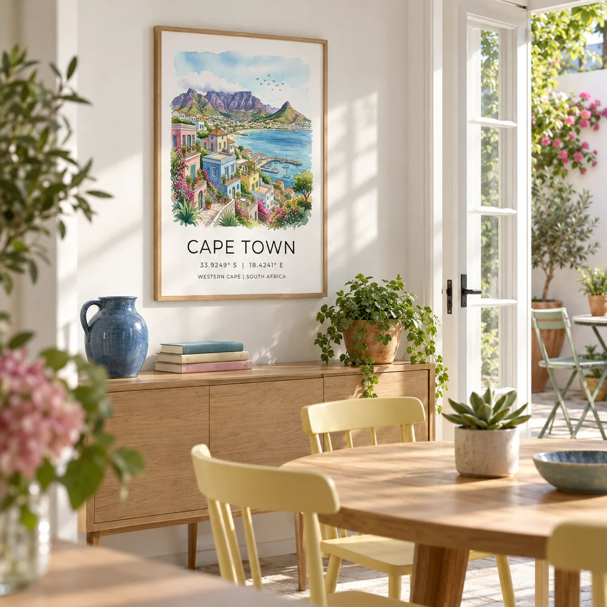 Cape Town Art Print, framed on the wall of a sunny dining area in a UK garden flat with chalk-white walls and French doors to a small courtyard