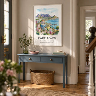 Cape Town Art Print, framed on the wall of a welcoming hallway in a UK terraced home with pale warm grey walls and original timber floorboards