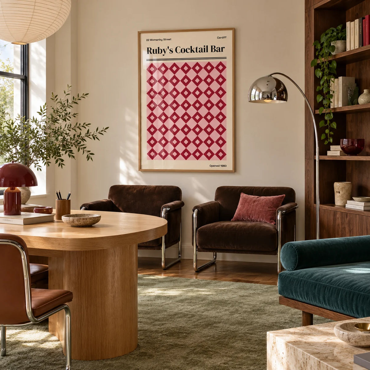 Cardiff Print, framed on the wall of a calm design studio office with a pale wall