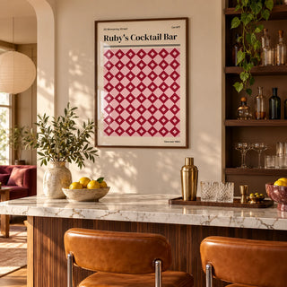 Cardiff Print, framed on the wall of a stylish home bar in a living room