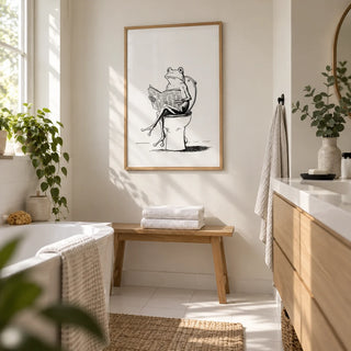 Cartoon Frog Wall Art, framed on the wall of a bright bathroom in a young couple's first flat (25-32) with warm white walls