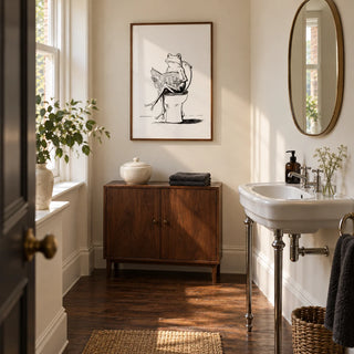 Cartoon Frog Wall Art, framed on the wall of a characterful guest washroom in a renovated Victorian terrace with warm white walls