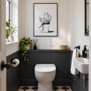 Cartoon Frog Wall Art, framed on the wall of a compact downstairs cloakroom in a UK terraced house with white walls and a charcoal painted lower wall in a bathroom