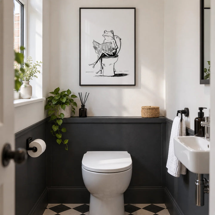Cartoon Frog Wall Art, framed on the wall of a compact downstairs cloakroom in a UK terraced house with white walls and a charcoal painted lower wall in a bathroom