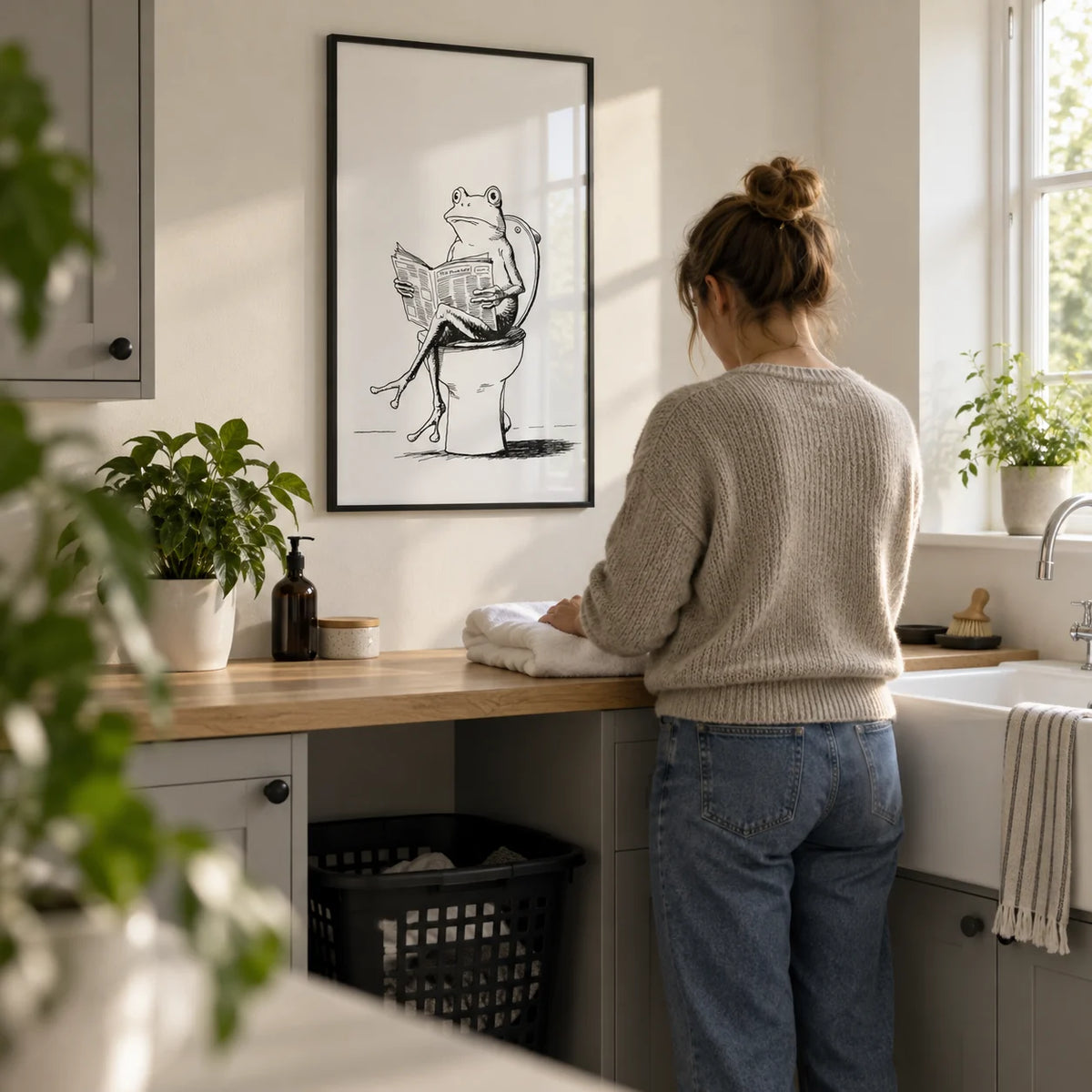 Cartoon Frog Wall Art, framed on the wall of a practical utility room in a UK family home with off-white walls in a laundry room