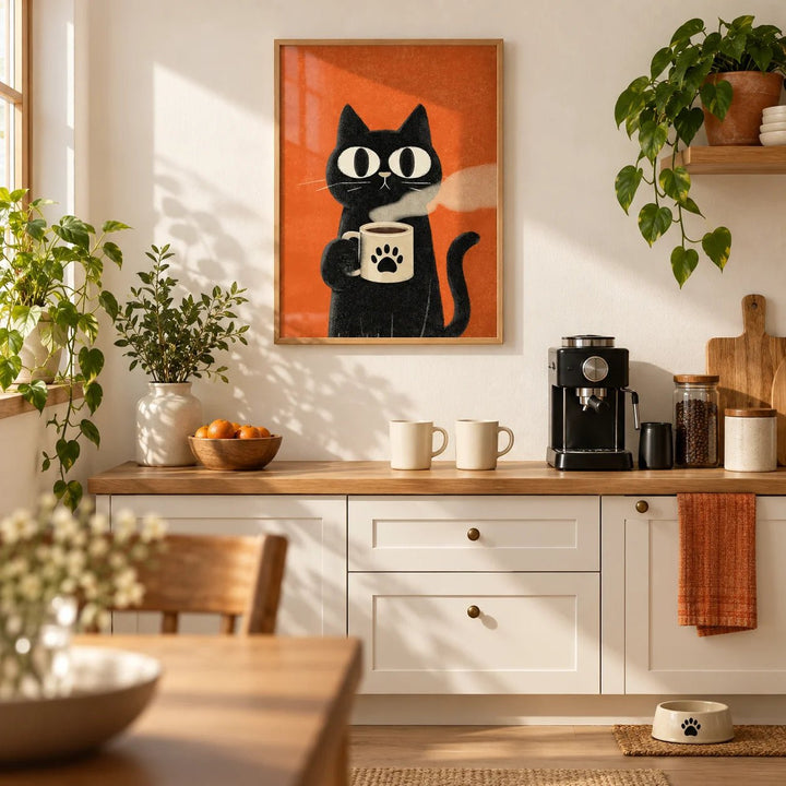 Cat Coffee Mug Print, framed on the wall of a bright kitchen coffee corner with a warm white wall