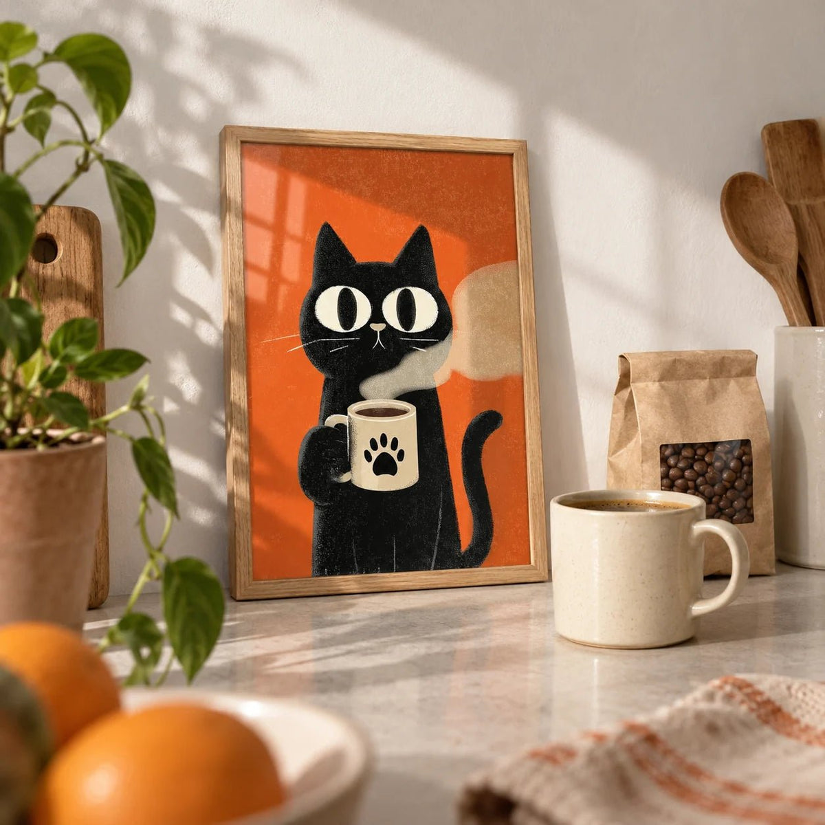 Cat Coffee Mug Print, a small A4 framed print leaning on a worktop in a kitchen