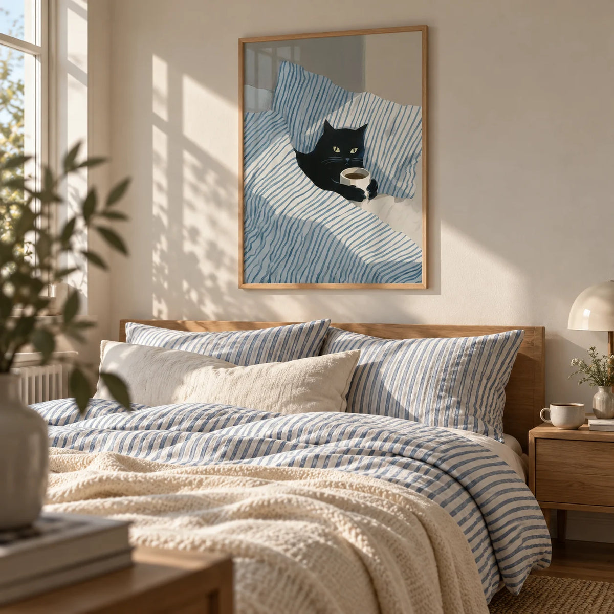 Cat in Bed Print, framed on the wall of a cosy bedroom