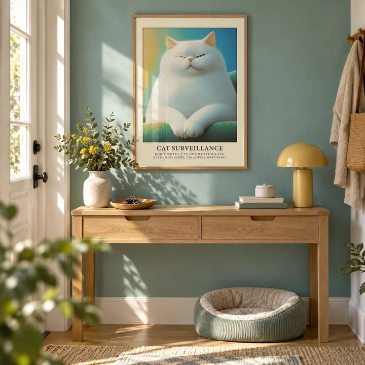 Cat Lover Gift, framed on the wall of a bright hallway by the front door with a soft teal wall