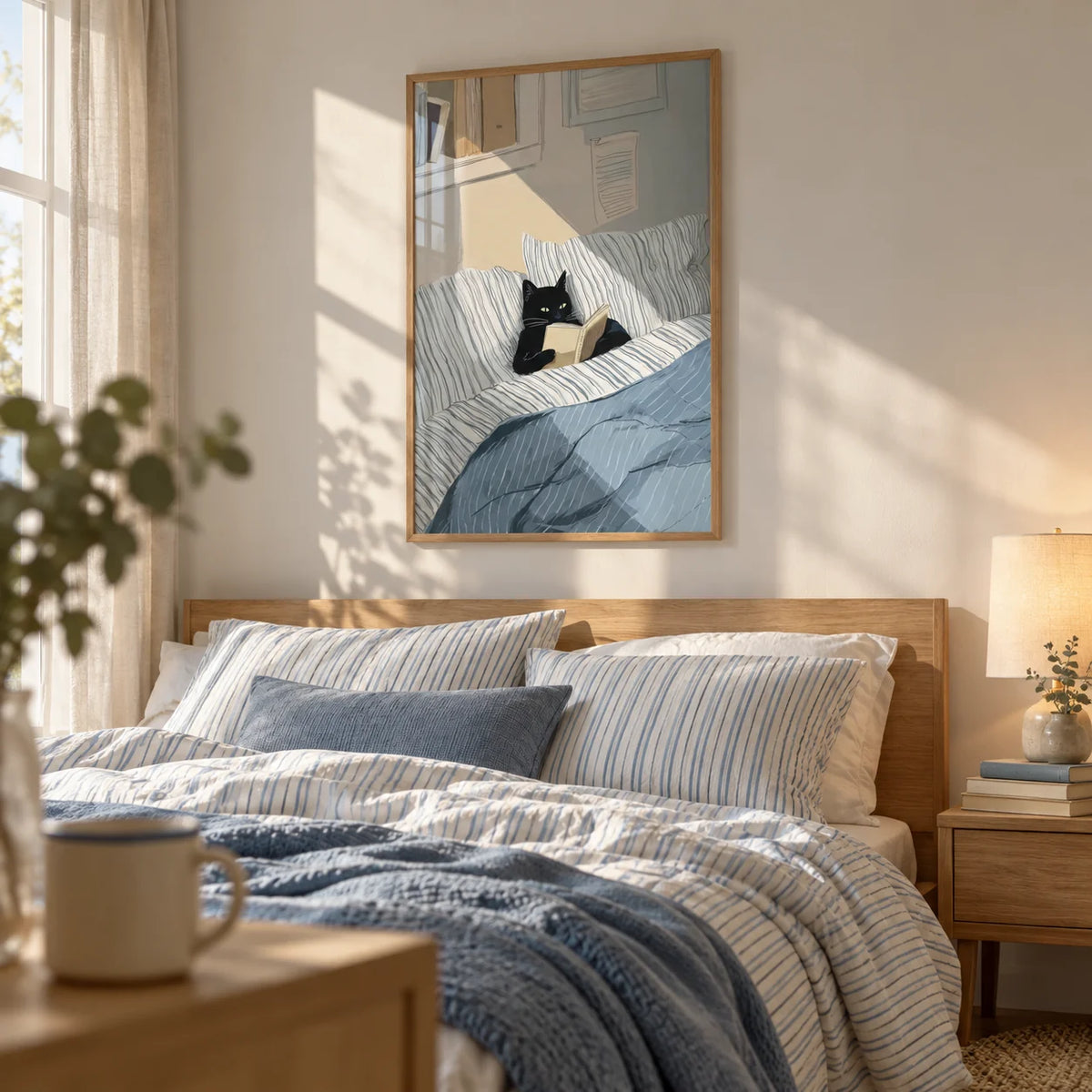Cat Reading Book Wall Art, framed on the wall of a cosy calm bedroom