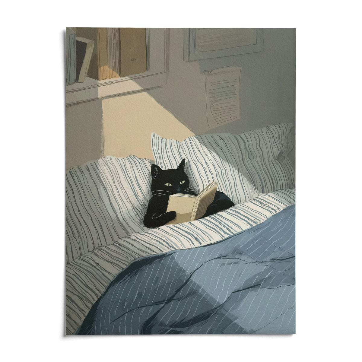 Cat Reading Book Wall Art, shown as an unframed paper print on a plain white background