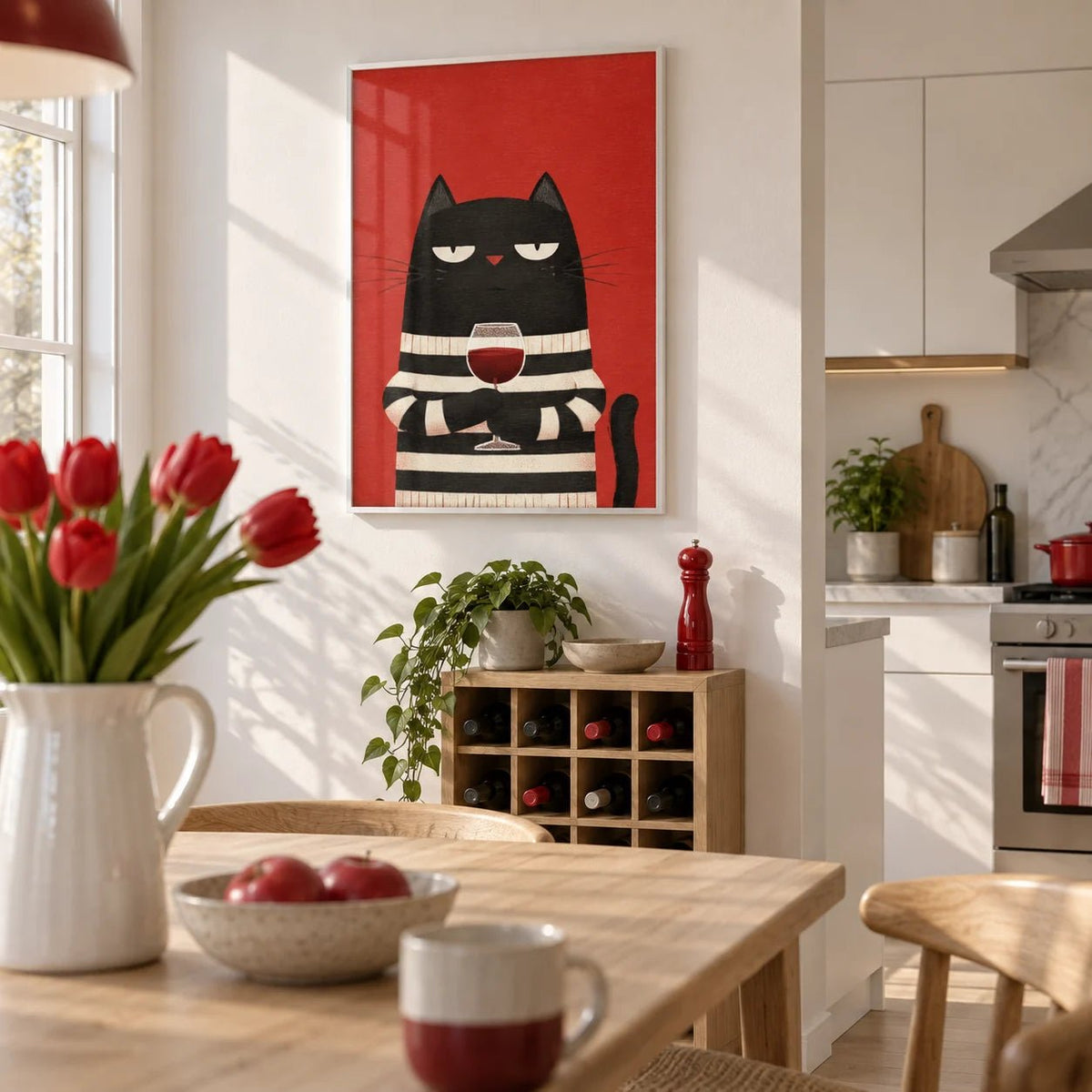 Cat Wine Art, framed on the wall of a bright kitchen-diner