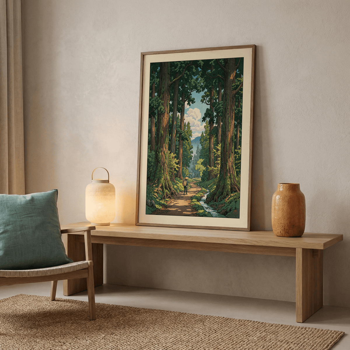 Print leaning on a shelf of forest path wall art with green and brown tones and ceramic vase