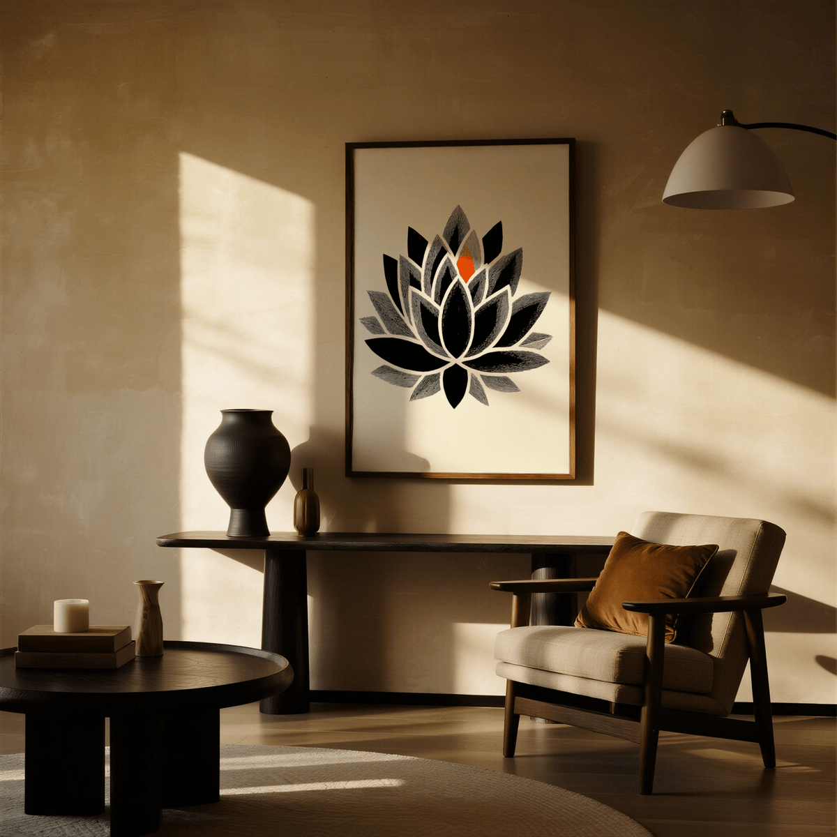 Lotus Art Print hanging on a wall above a console table with vases in a sunlit living room