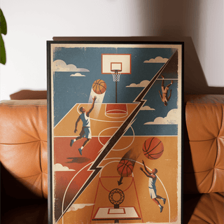 Framed Basketball Art Print with basketball dunk illustration in retro colours leaning on a brown leather sofa