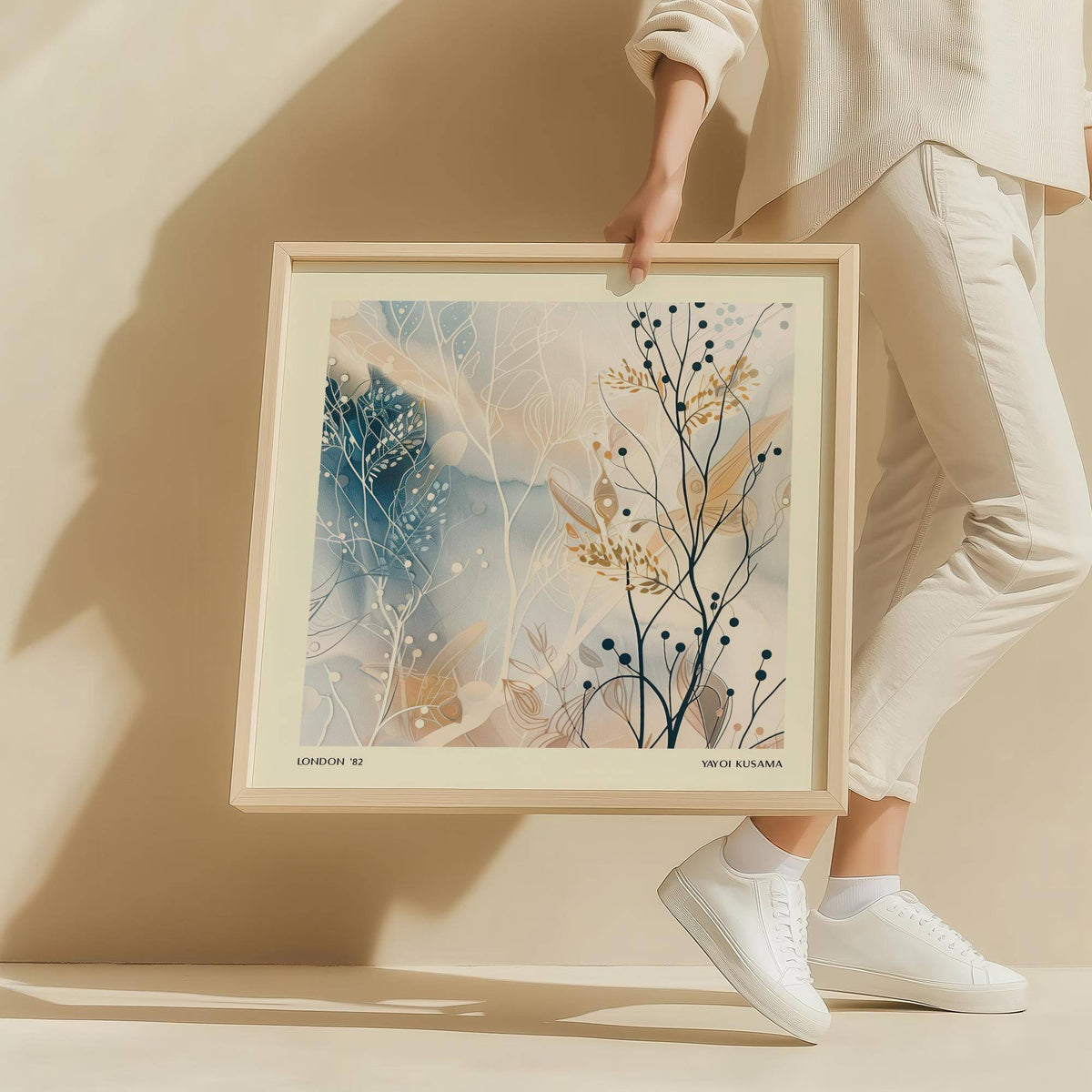 Framed Neutral Prints abstract botanical print in soft blues and neutrals held by person in light clothes