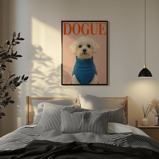 Maltese Dog wall art of a white dog in a blue sweater above a bed with striped pillows