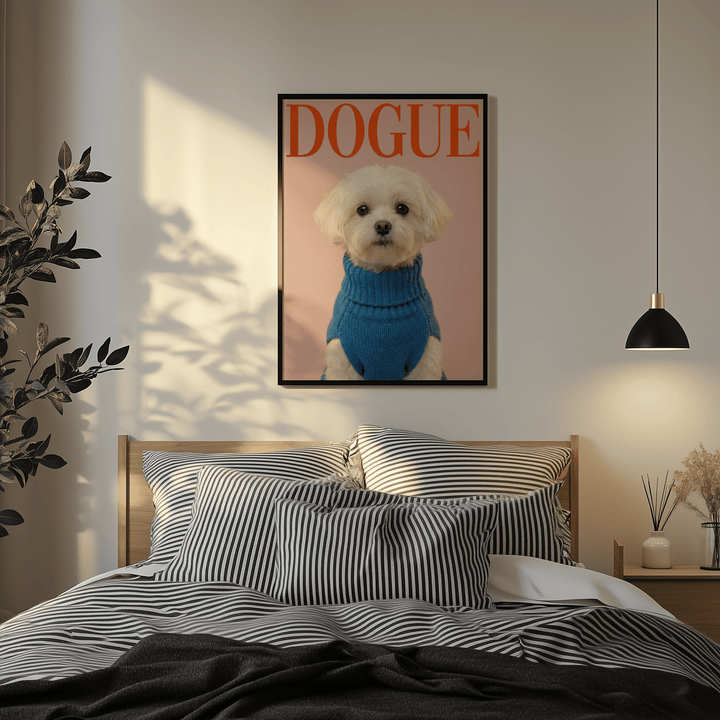 Maltese Dog wall art of a white dog in a blue sweater above a bed with striped pillows