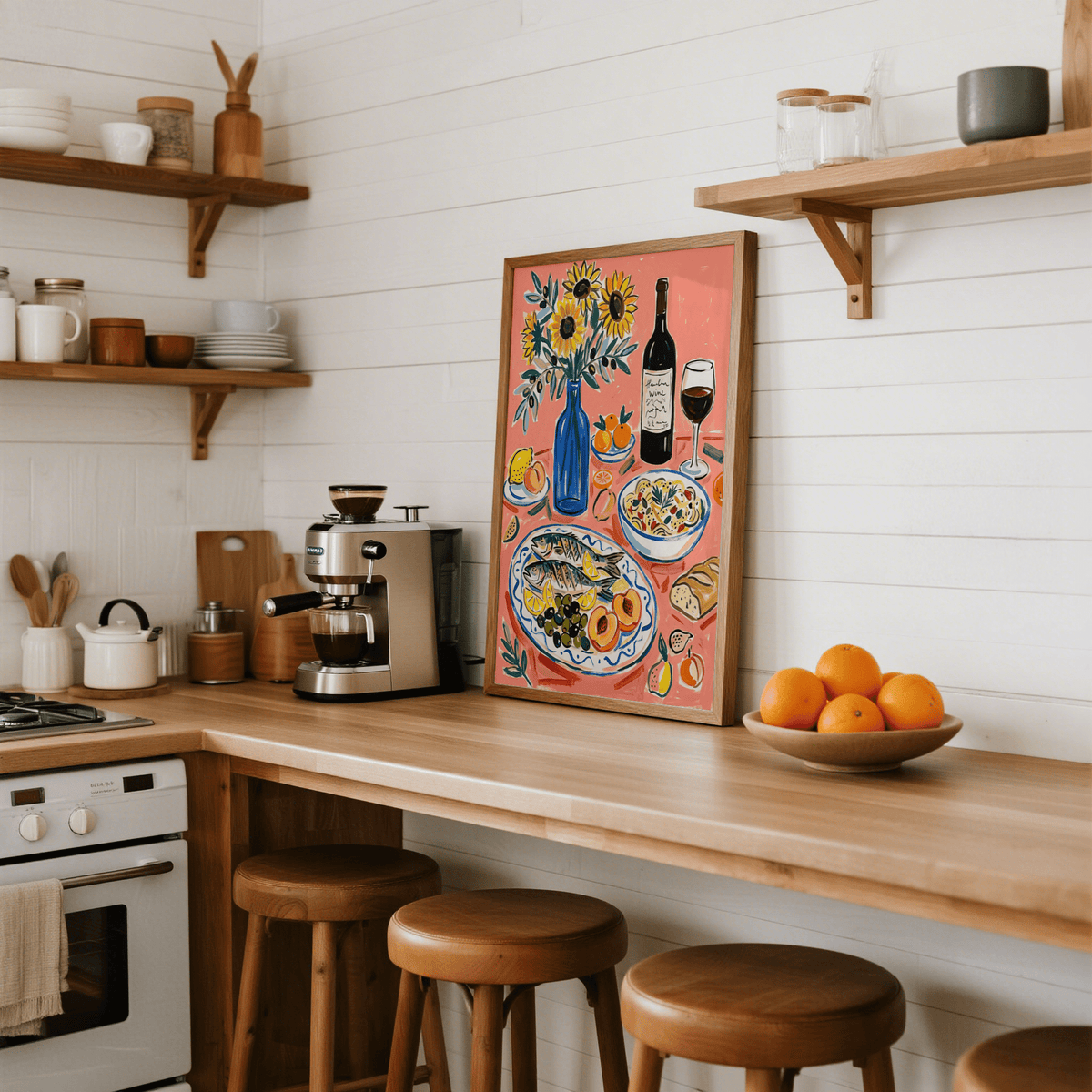 Wine and Seafood Decor print leaning on kitchen counter near a bowl of oranges with stools