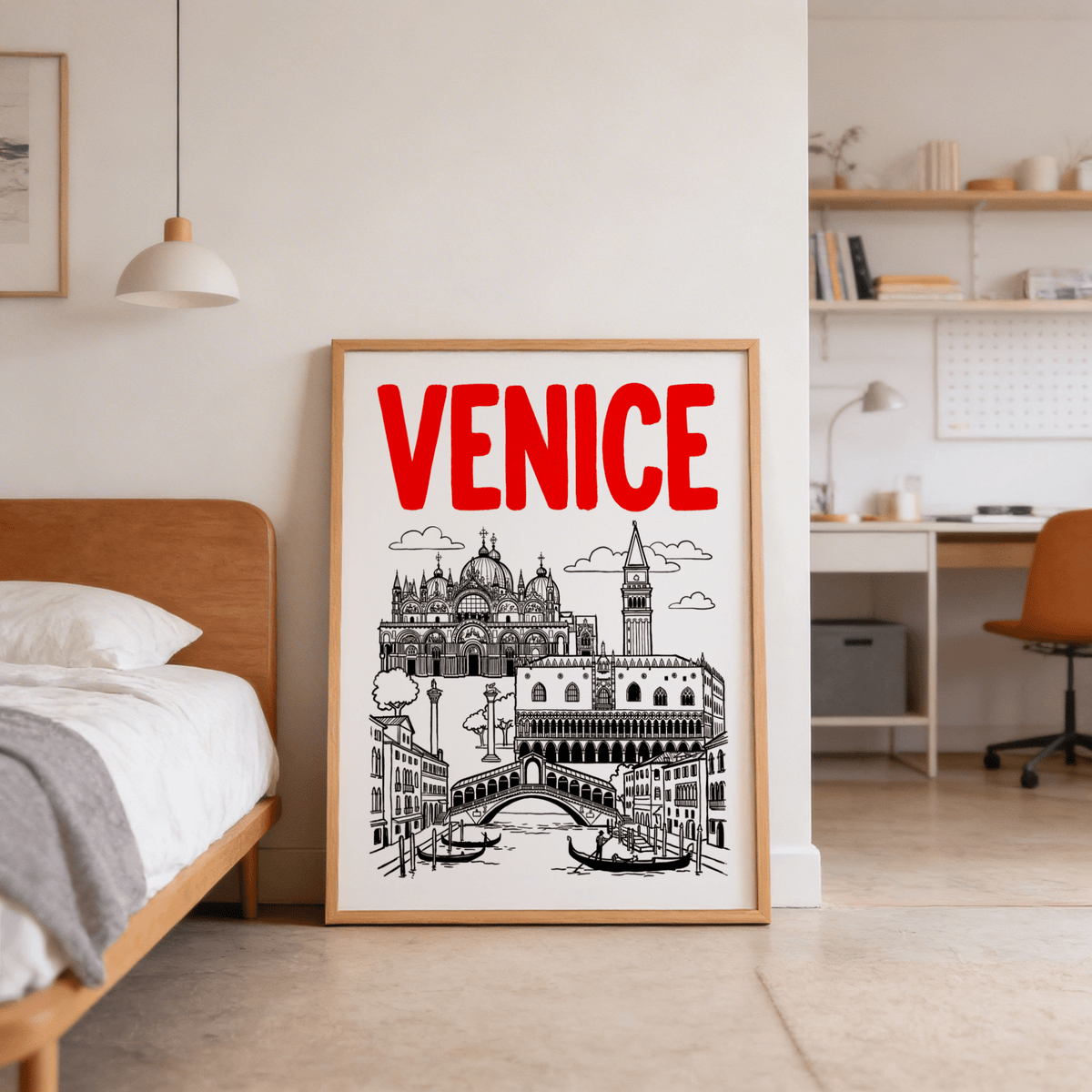 Print leaning on floor Venice Landmark Art Print with black and red line-art illustration near a bed