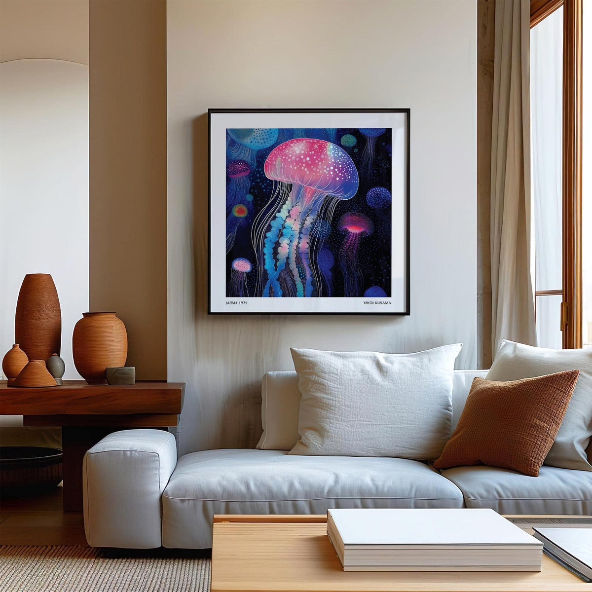 Wall Art Jellyfish glowing pink and blue jellyfish above a white sofa with cushions and a wooden table with vases