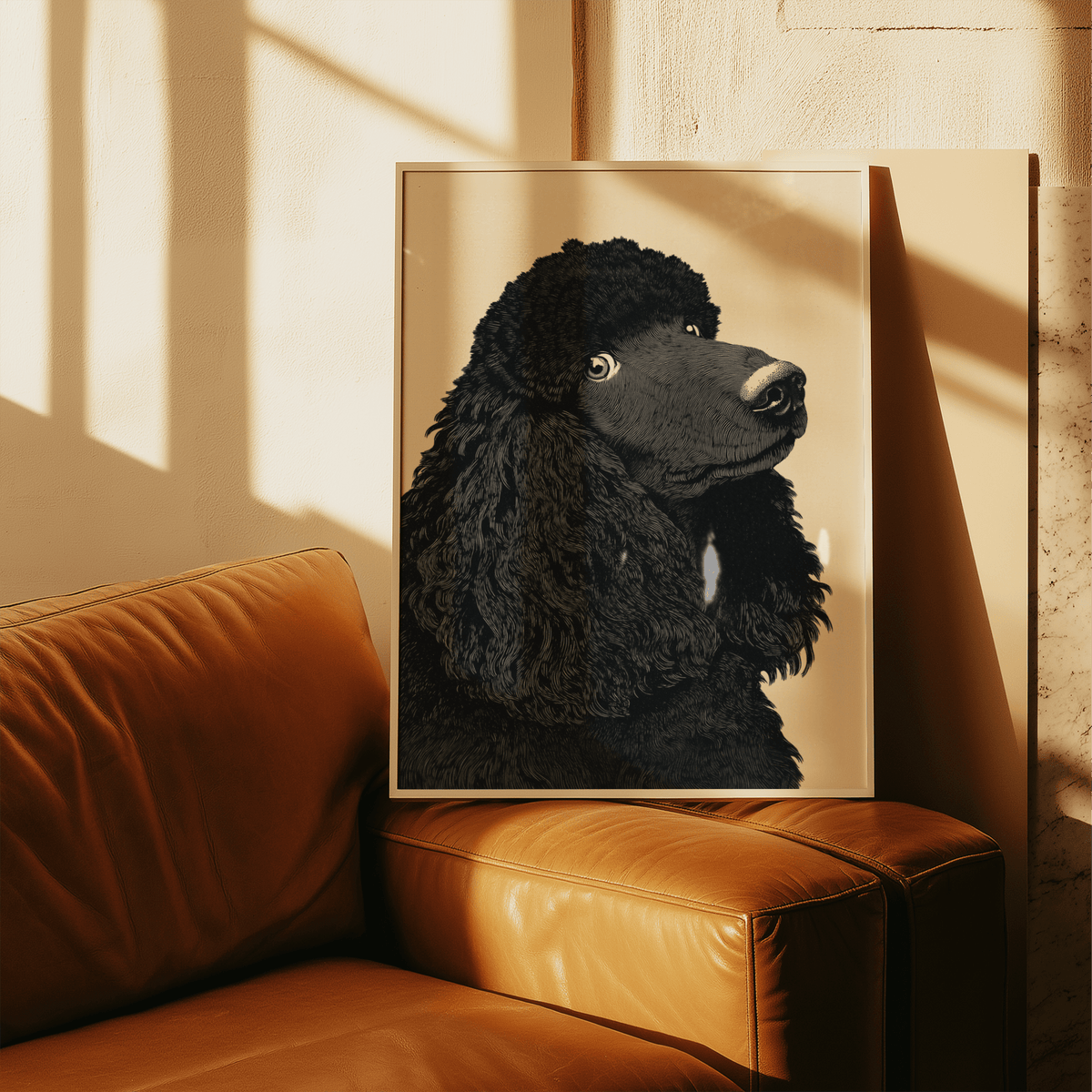 Poodle Art Print leaning on a brown leather sofa with sunlight and shadows