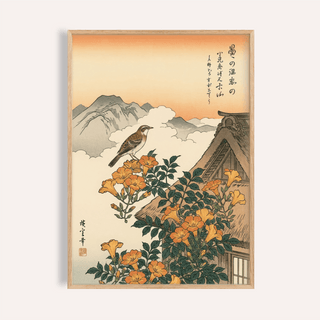 Framed mountain landscape poster with a bird on bright orange trumpet vine and traditional house roof