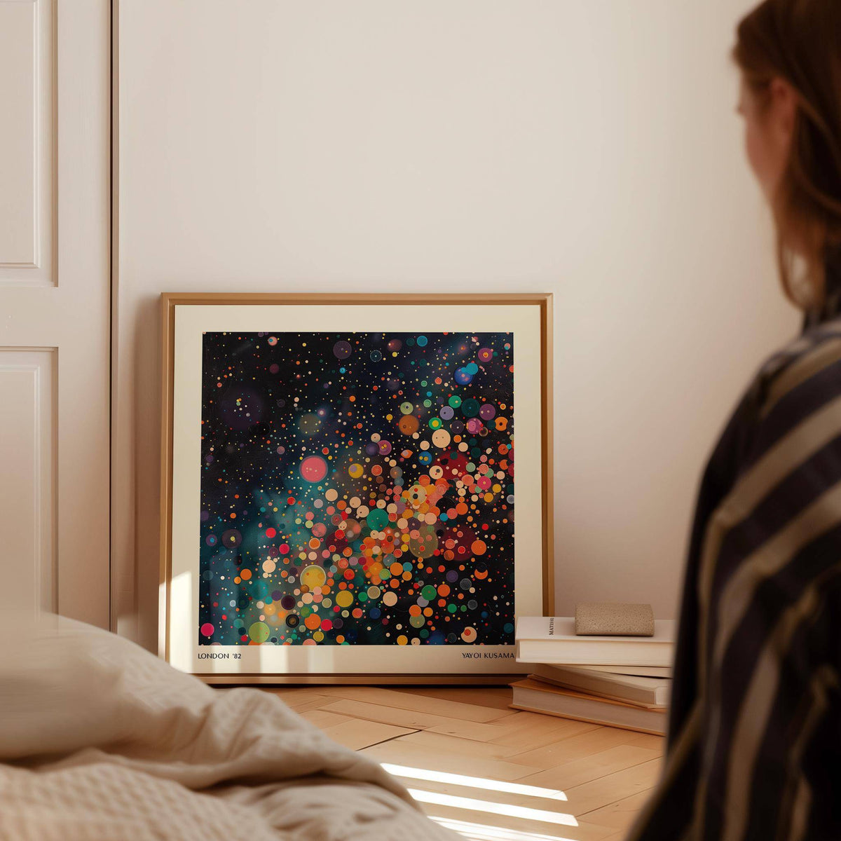 Galaxy posters print leaning on a floor with colourful circles in dark space and books nearby