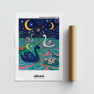 Swan art print with swans and lotus flowers in vivid blues and greens, close-up on artwork with packaging tube