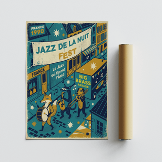 Detail close-up of Paris Jazz Poster showing a fox playing drum in blue and yellow tones