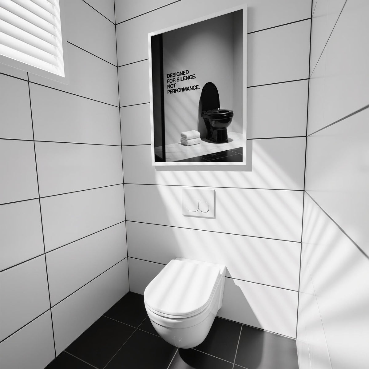 Funny Toilet wall art of a black toilet with text above a white toilet in a tiled bathroom